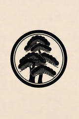 Matsu pine kamon wall art print in black on cream paper, a tiered pine tree inside a double ring in a classic Japanese family crest