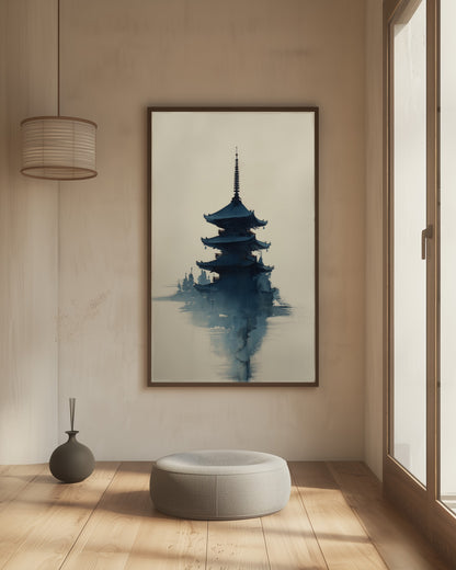 Misty Pagoda | Indigo Sumi-e Temple Print