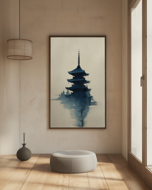 Misty Pagoda | Indigo Sumi-e Temple Print
