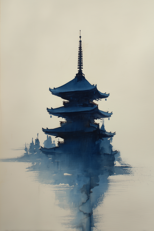 Misty Pagoda sumi-e ink wash wall art print of a Japanese temple emerging from indigo fog on cream paper, Yugen Print