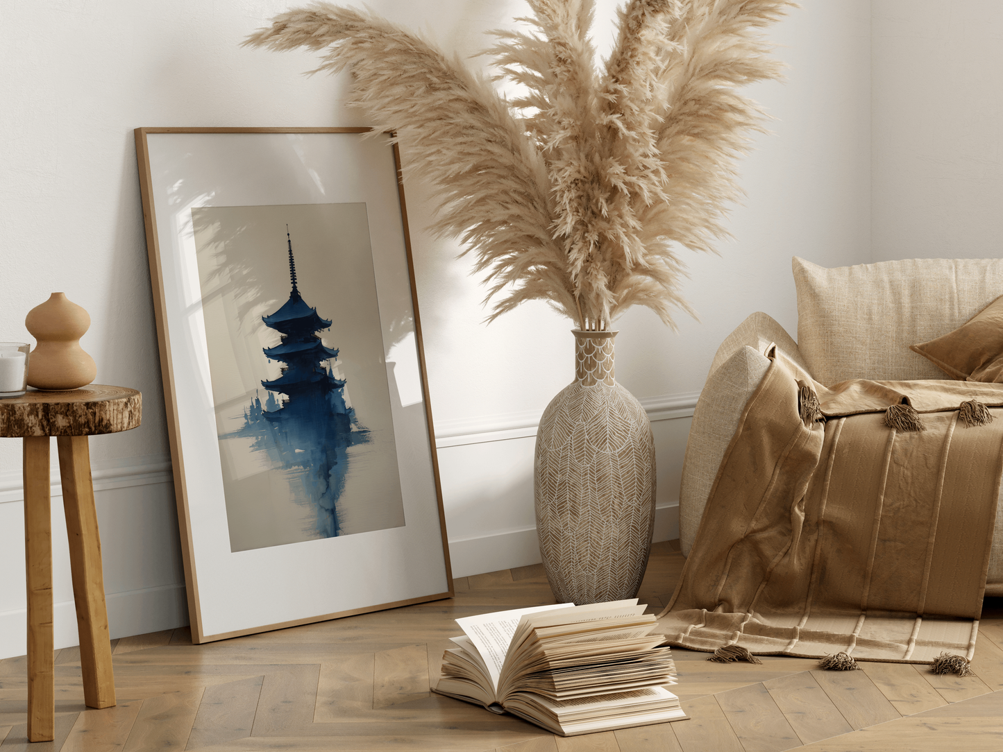 Misty Pagoda | Indigo Sumi-e Temple Print