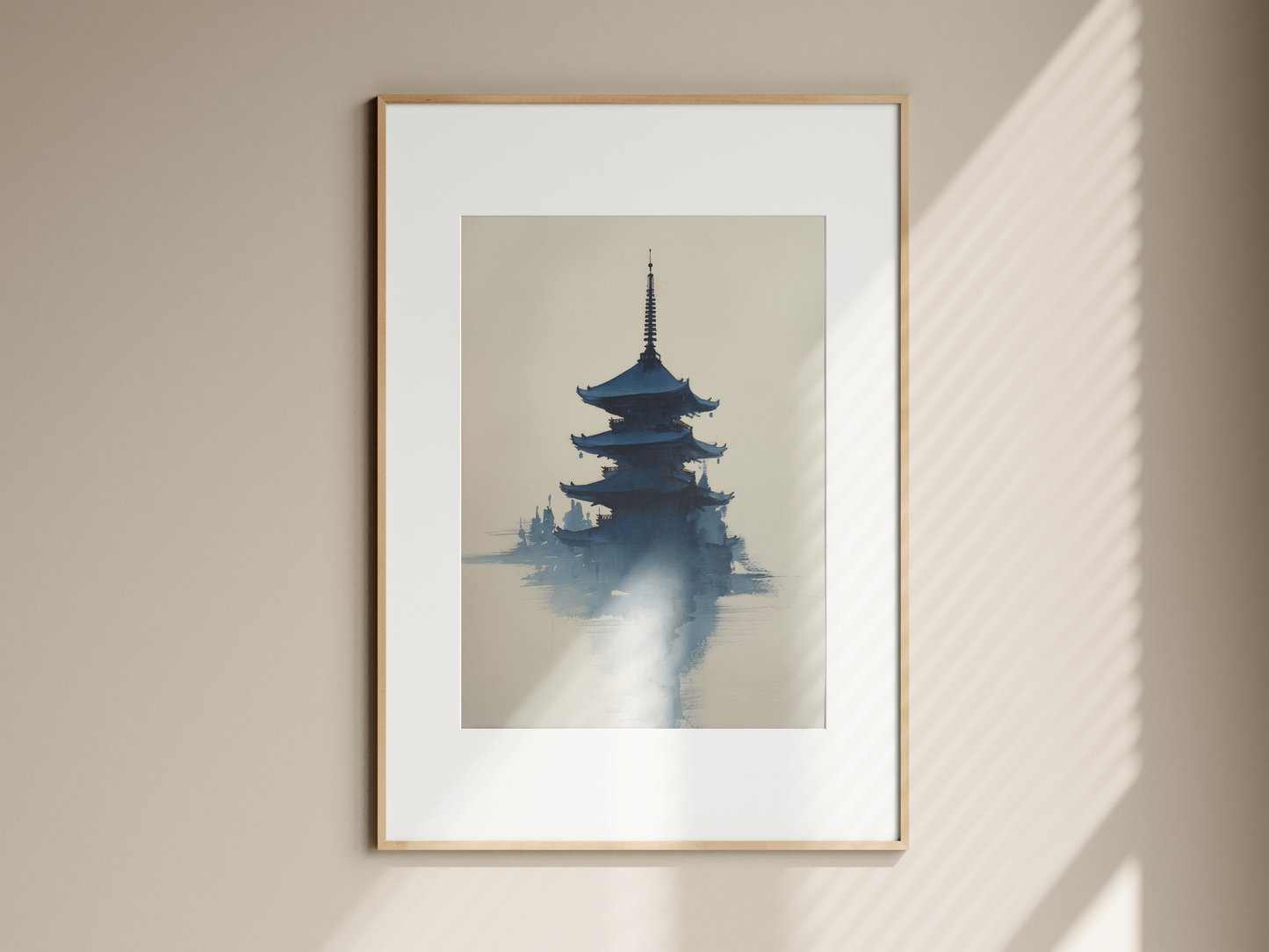 Misty Pagoda | Indigo Sumi-e Temple Print
