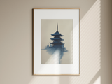 Misty Pagoda print in a pale wood frame on a sunlit cream wall, Yugen Print