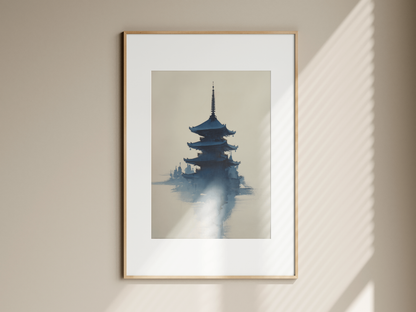 Misty Pagoda | Indigo Sumi-e Temple Print