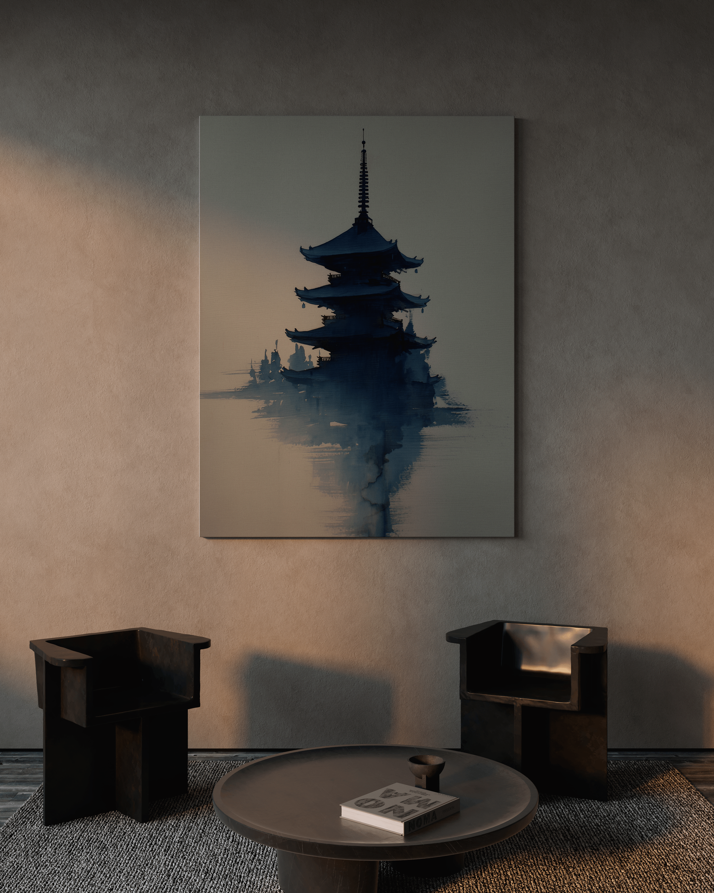 Misty Pagoda | Indigo Sumi-e Temple Print
