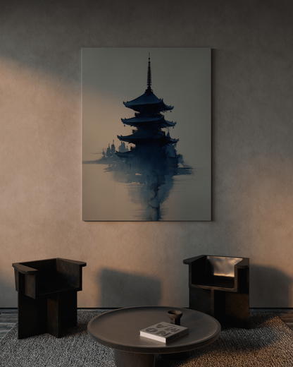 Misty Pagoda | Indigo Sumi-e Temple Print