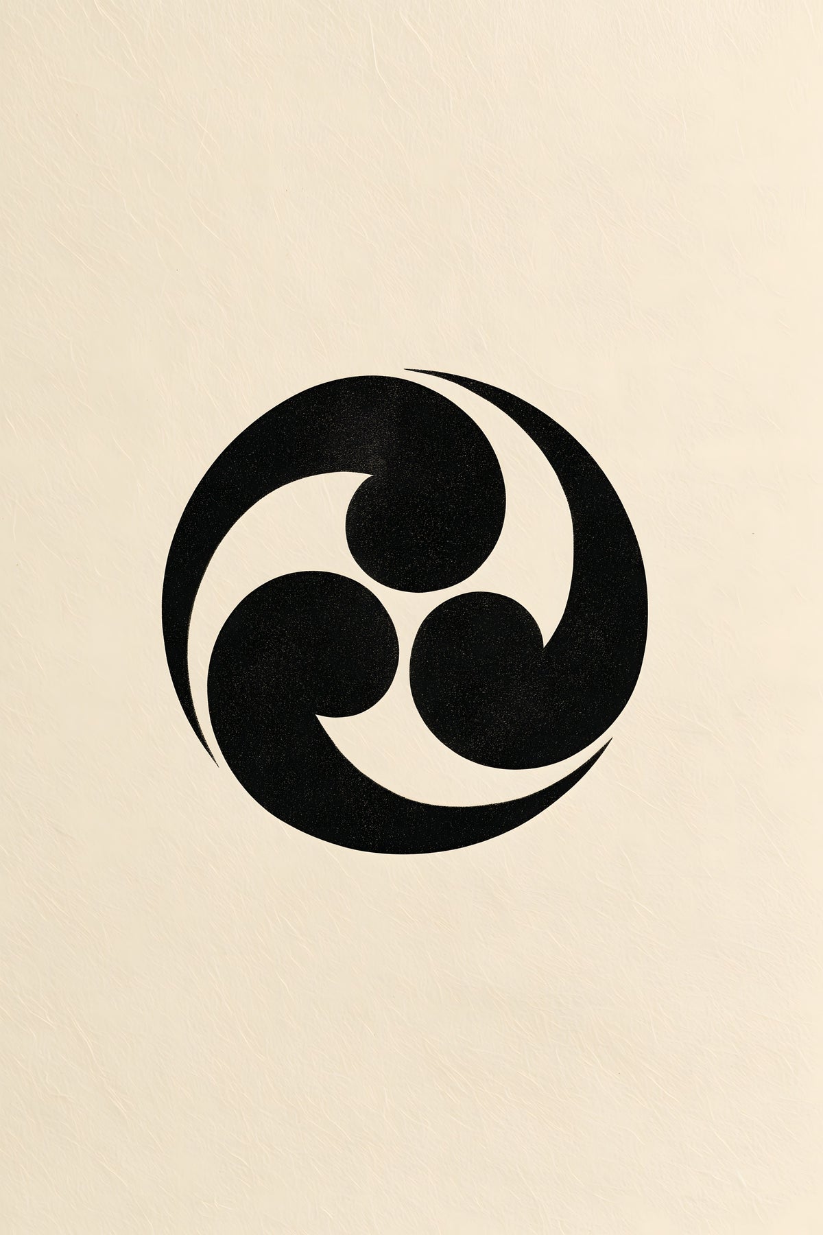 Mitsudomoe swirl kamon wall art print in black on cream paper, three commas swirling inside a circle in a classic Japanese family crest