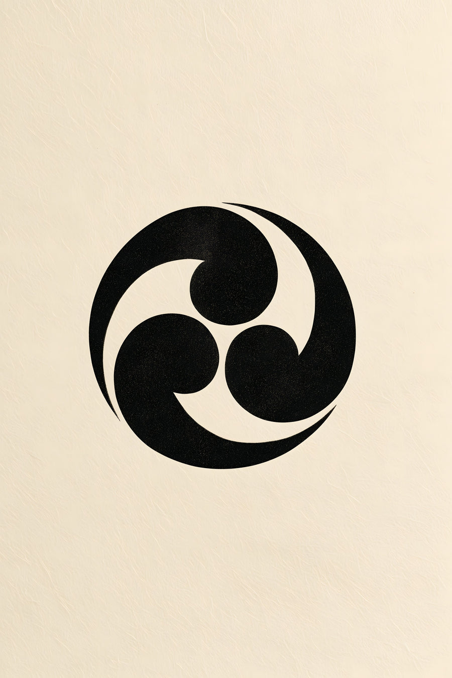 Mitsudomoe swirl kamon wall art print in black on cream paper, three commas swirling inside a circle in a classic Japanese family crest