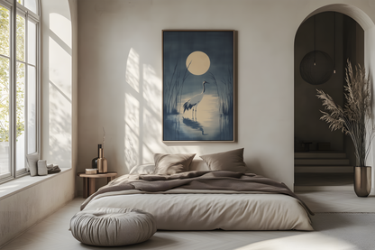 Crane in the Reeds — Japanese Indigo Ink Print | Moonlit Crane