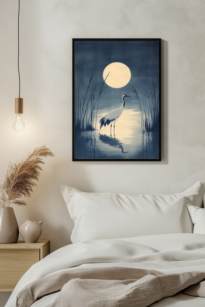 Crane in the Reeds — Japanese Indigo Ink Print | Moonlit Crane