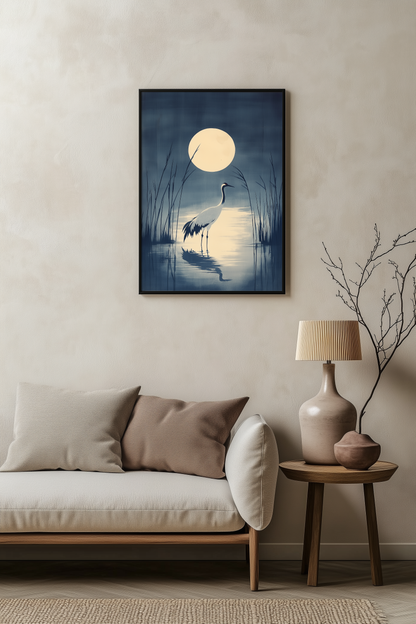 Crane in the Reeds — Japanese Indigo Ink Print | Moonlit Crane