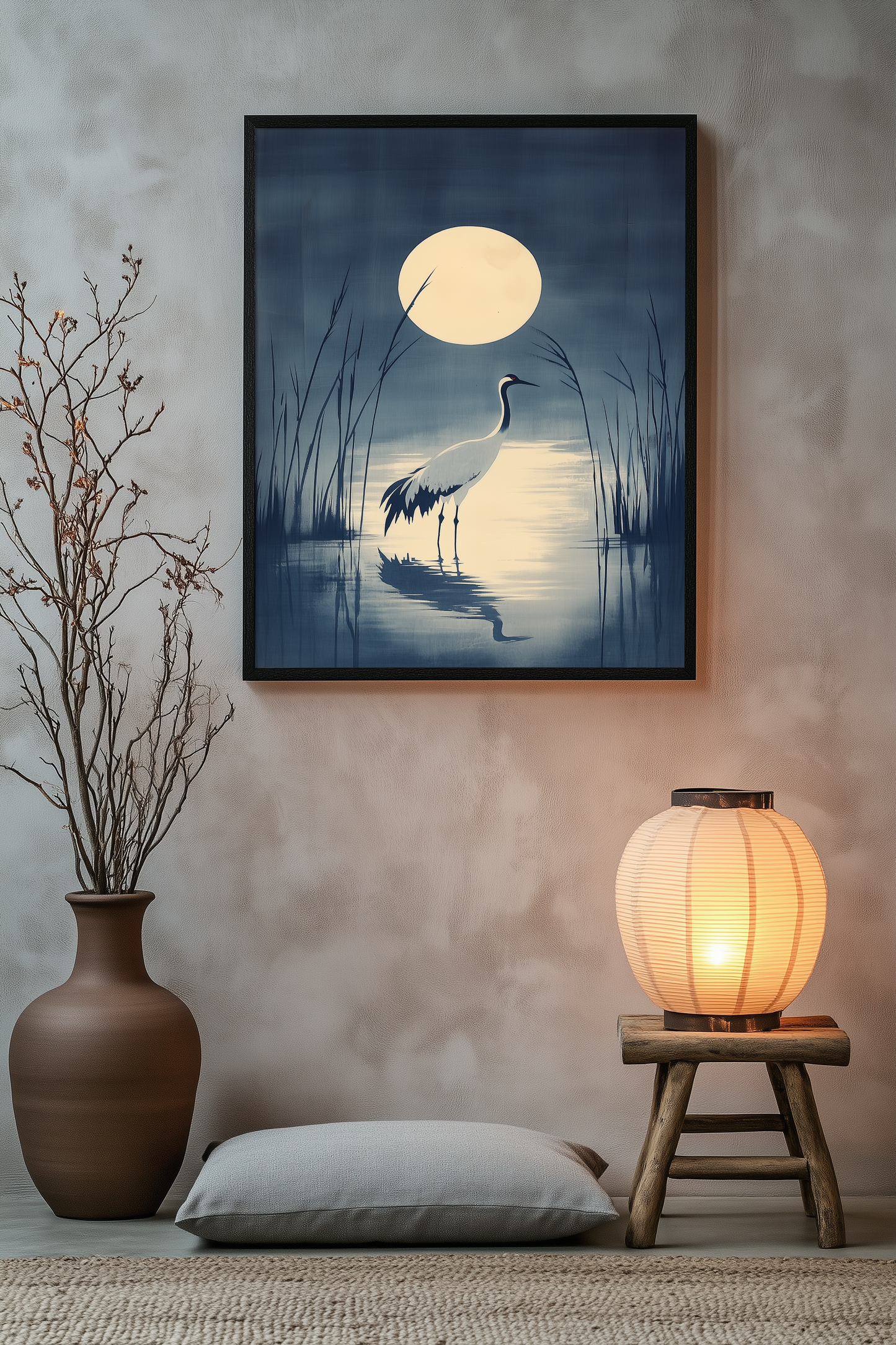 Crane in the Reeds — Japanese Indigo Ink Print | Moonlit Crane