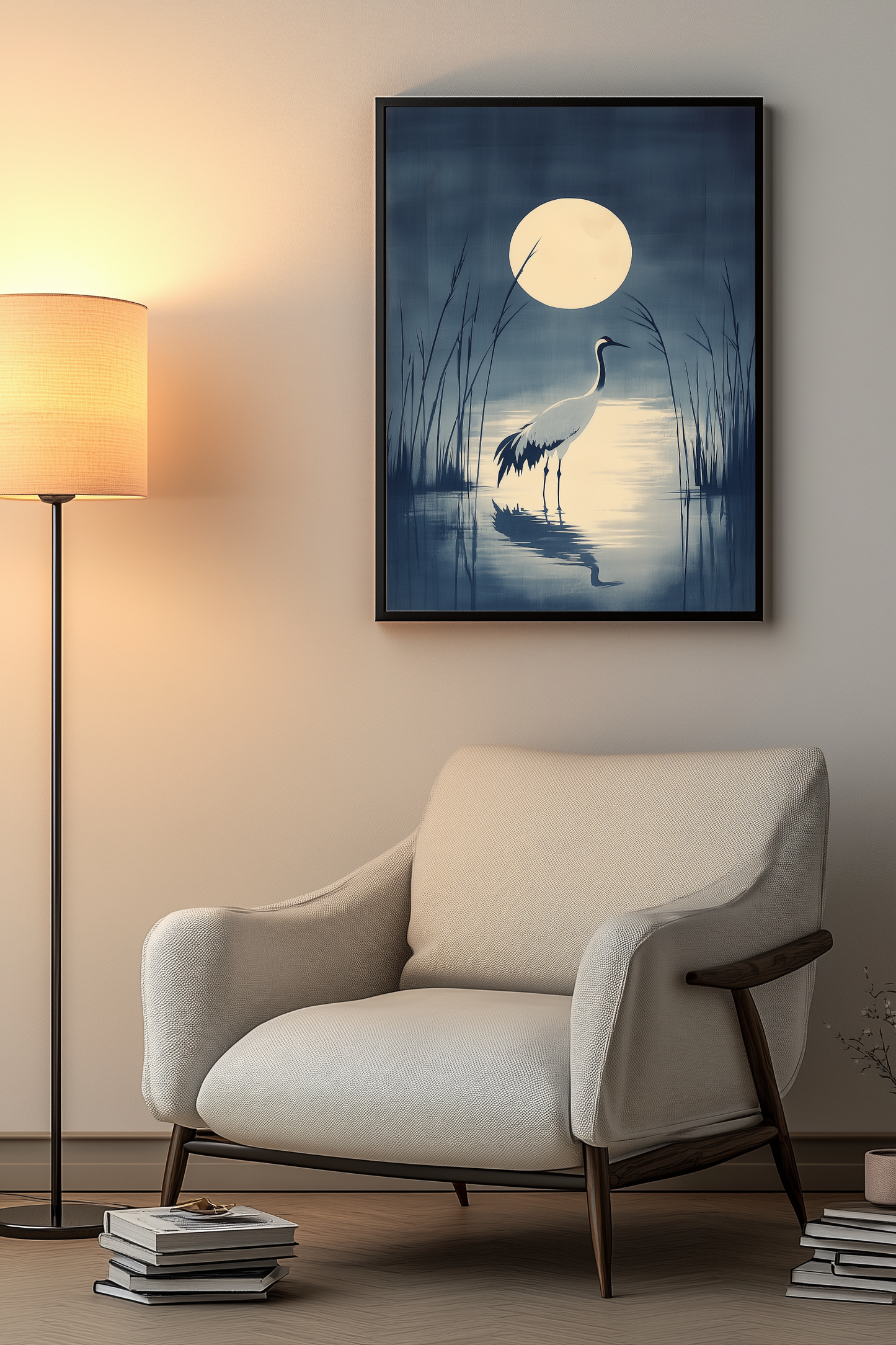 Crane in the Reeds — Japanese Indigo Ink Print | Moonlit Crane