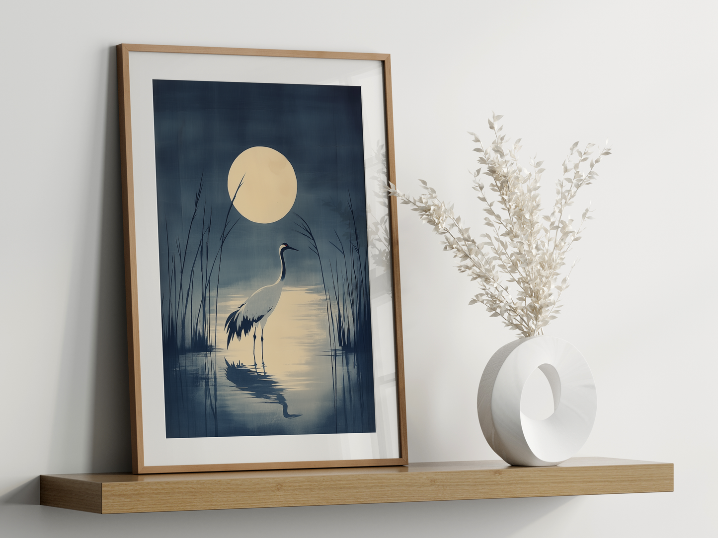 Crane in the Reeds — Japanese Indigo Ink Print | Moonlit Crane