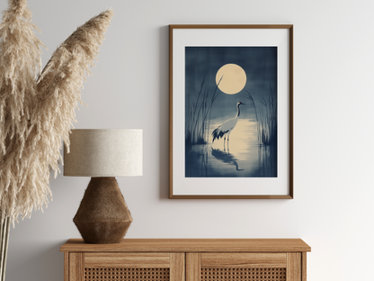 Crane in the Reeds — Japanese Indigo Ink Print | Moonlit Crane