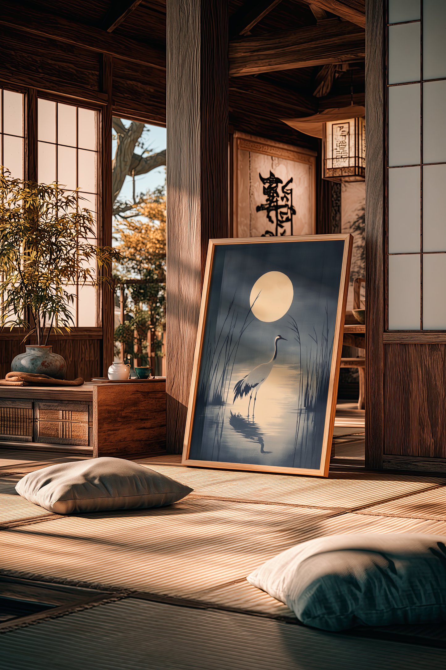 Crane in the Reeds — Japanese Indigo Ink Print | Moonlit Crane