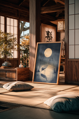 Crane in the Reeds print leaning on the floor of a sunlit Japanese tatami room, Yugen Print