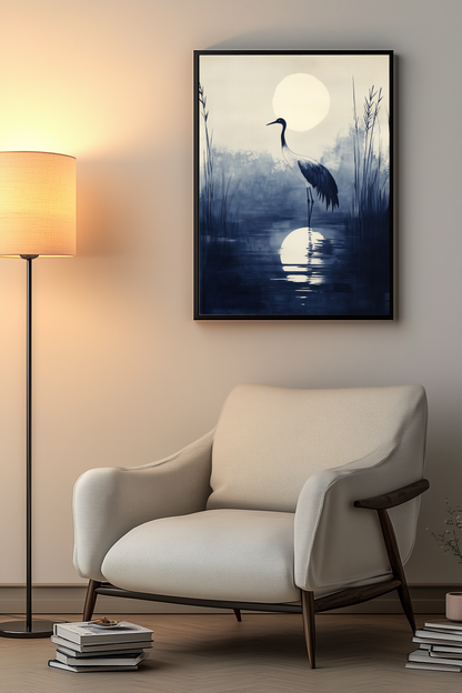 Sumi-e style indigo ink print of a crane silhouetted beneath a full moon, black frame above a cream armchair beside a warm floor lamp in a cosy reading nook, Yugen Print