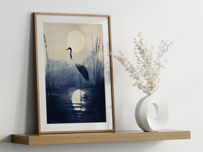 Sumi-e style indigo ink print of a crane silhouetted beneath a full moon, oak frame leaning on a floating wood shelf beside a white ceramic vase, Yugen Print