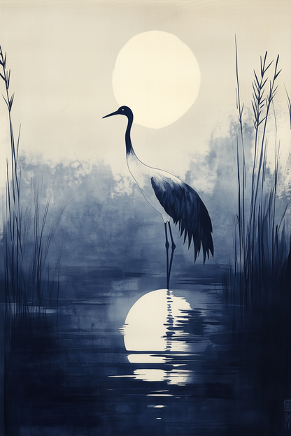 Sumi-e style indigo ink print of a crane silhouetted beneath a full moon with its reflection, Yugen Print