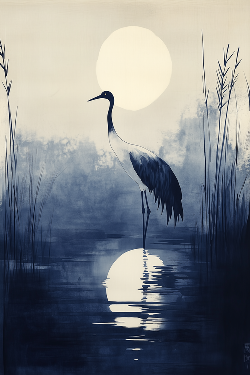 Sumi-e style indigo ink print of a crane silhouetted beneath a full moon with its reflection, Yugen Print