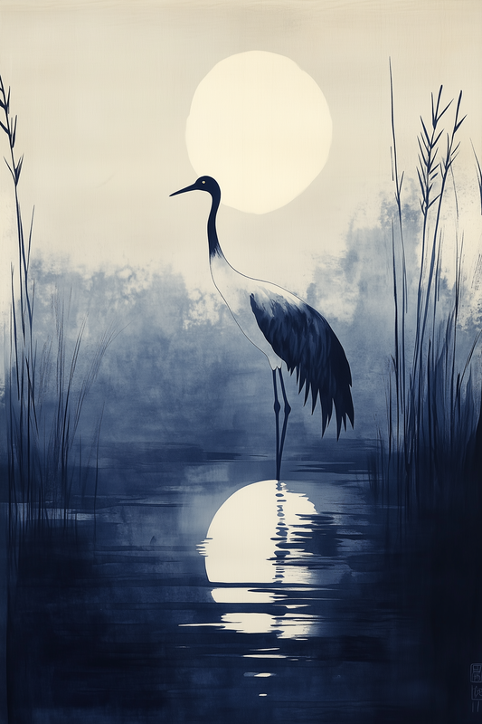 Sumi-e style indigo ink print of a crane silhouetted beneath a full moon with its reflection, Yugen Print