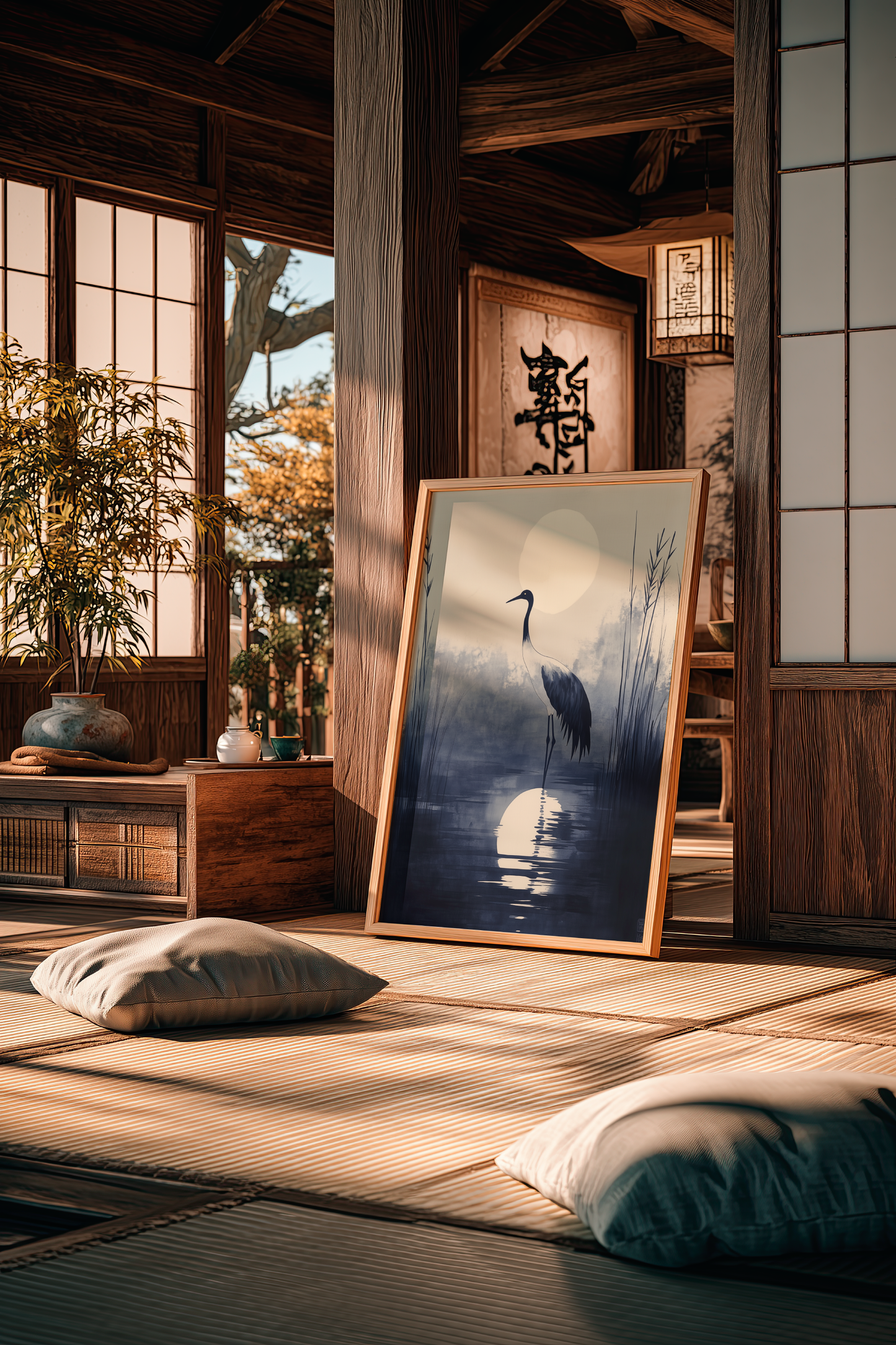 Sumi-e style indigo ink print of a crane silhouetted beneath a full moon, oak frame on tatami flooring in a traditional Japanese room with shoji screens, Yugen Print