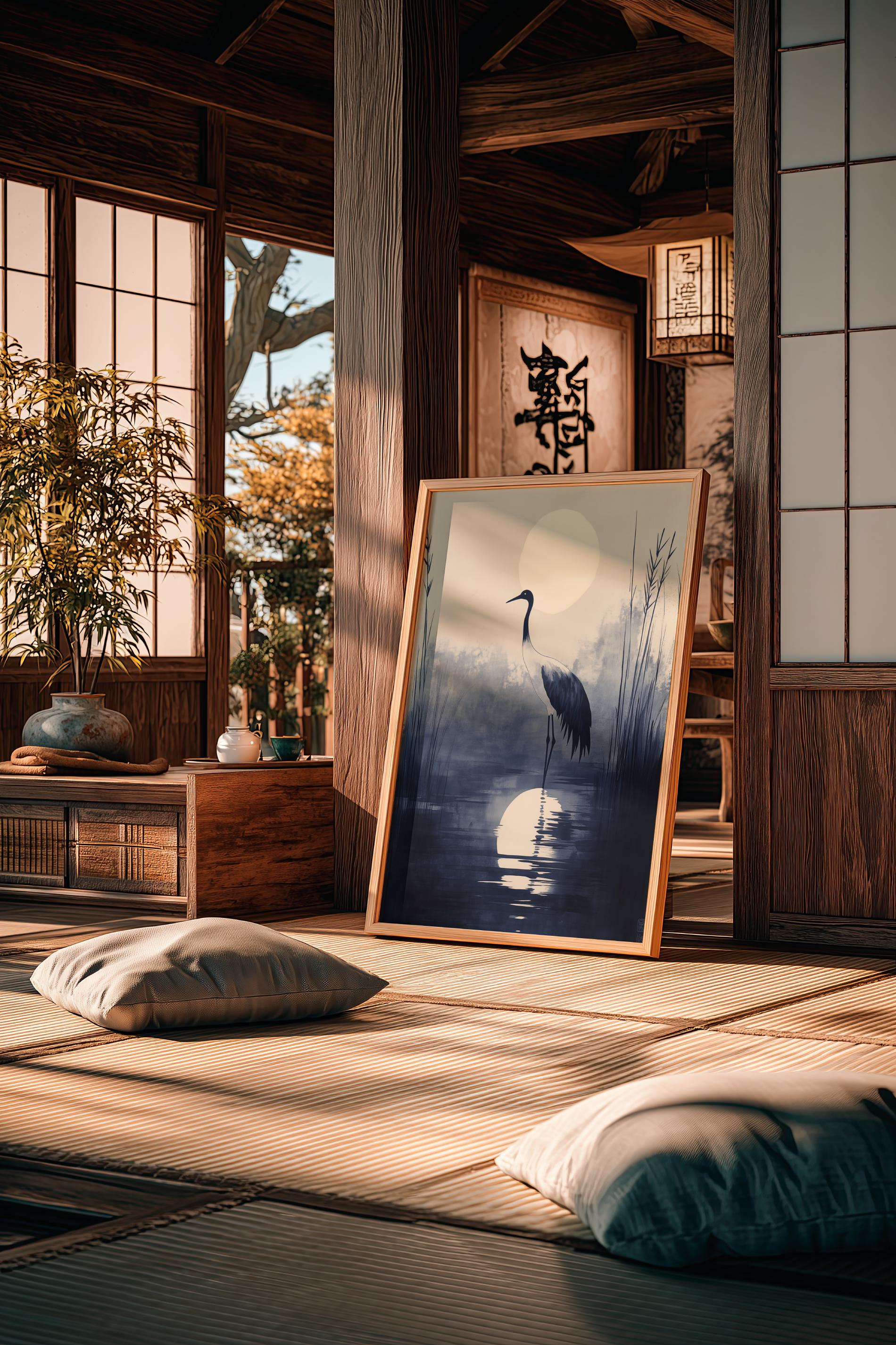 Sumi-e style indigo ink print of a crane silhouetted beneath a full moon, oak frame on tatami flooring in a traditional Japanese room with shoji screens, Yugen Print
