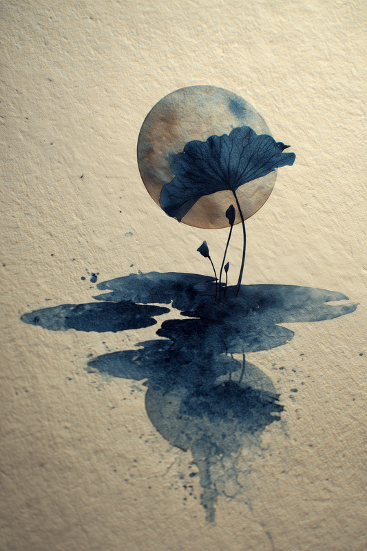 Moonlit Lotus Pond sumi-e print with lotus leaf bowing before full moon and deep indigo pond reflection on cream paper, Yugen Print