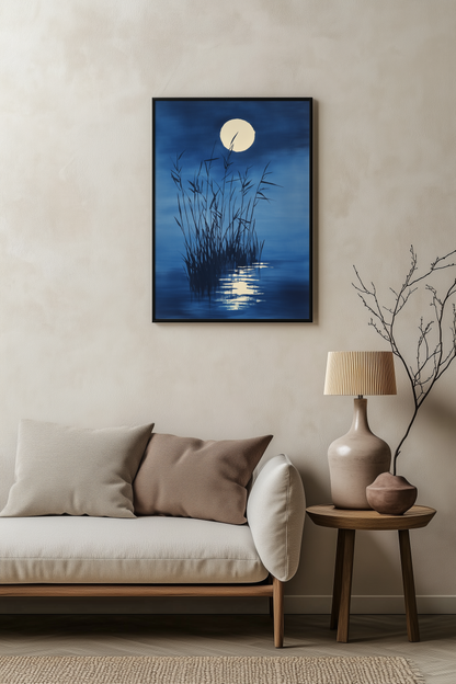 Sumi-e style indigo ink print of moonlit reeds over dark water, black frame above a pale linen sofa with a wooden side table and ceramic lamp, Yugen Print