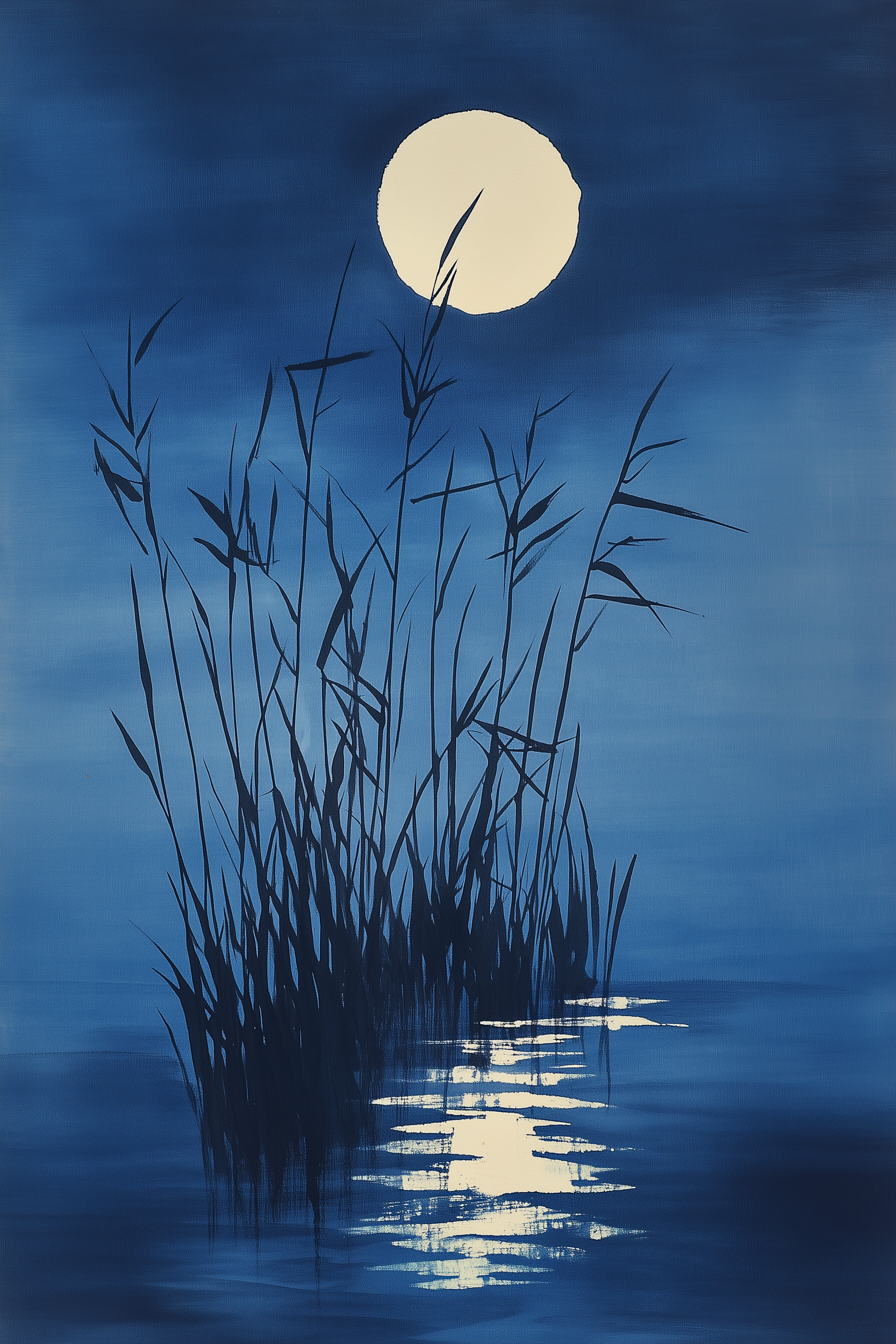 Sumi-e style indigo ink print of tall reeds against a full moon reflected on still dark water, Yugen Print