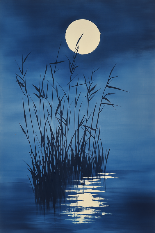 Sumi-e style indigo ink print of tall reeds against a full moon reflected on still dark water, Yugen Print