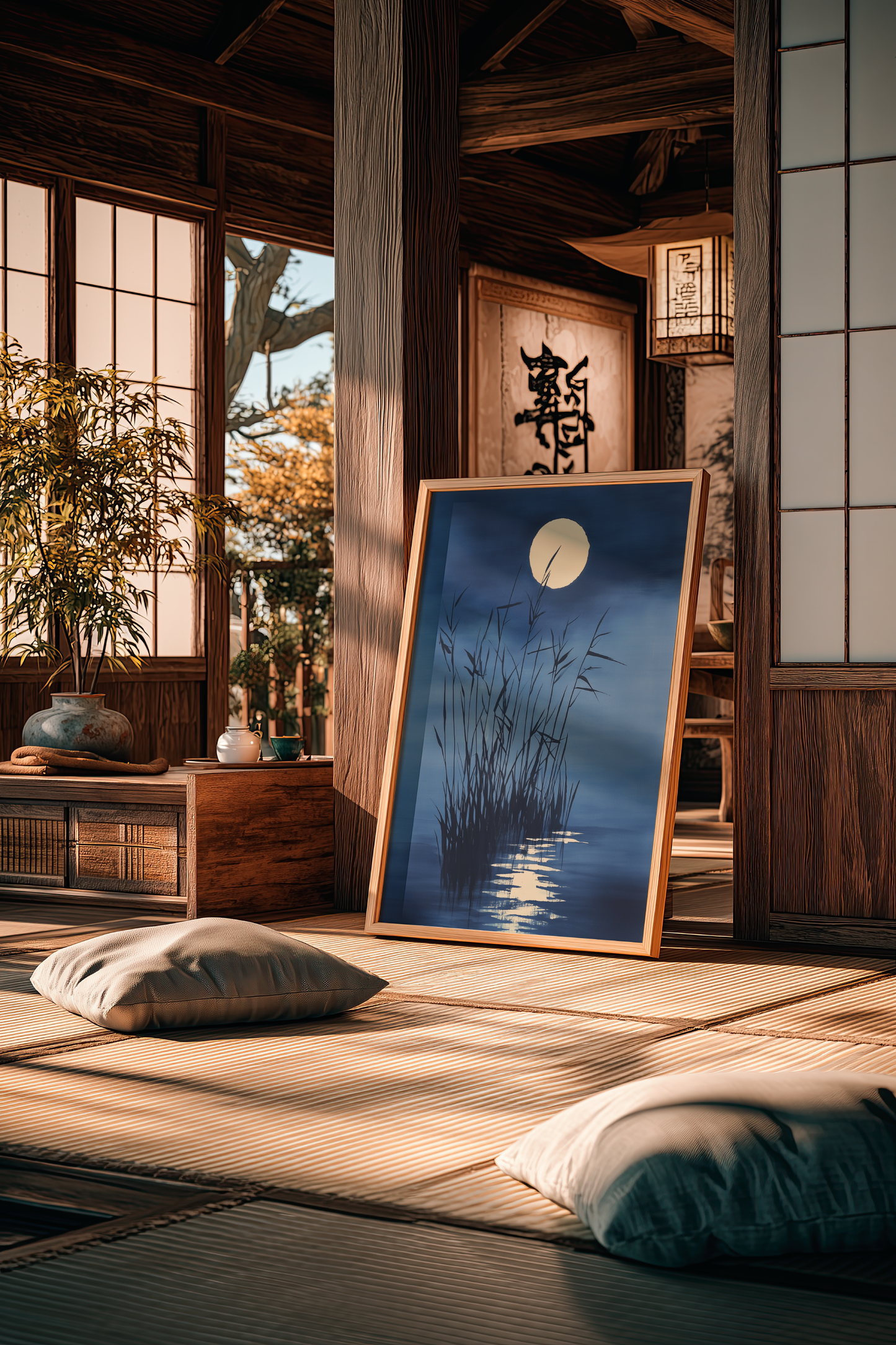 Sumi-e style indigo ink print of moonlit reeds over still water, oak frame on tatami flooring in a traditional Japanese room with shoji screens, Yugen Print