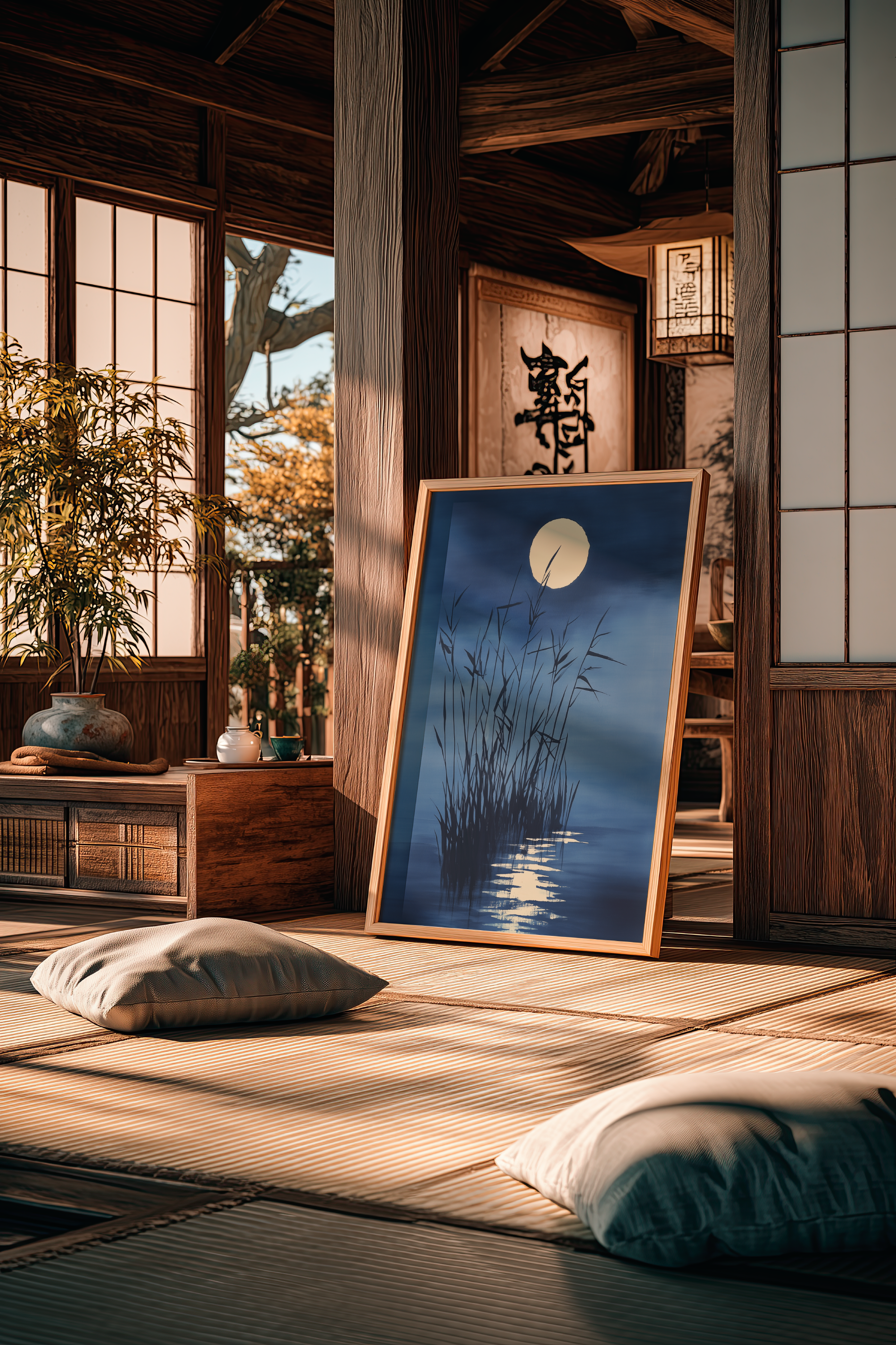Sumi-e style indigo ink print of moonlit reeds over still water, oak frame on tatami flooring in a traditional Japanese room with shoji screens, Yugen Print