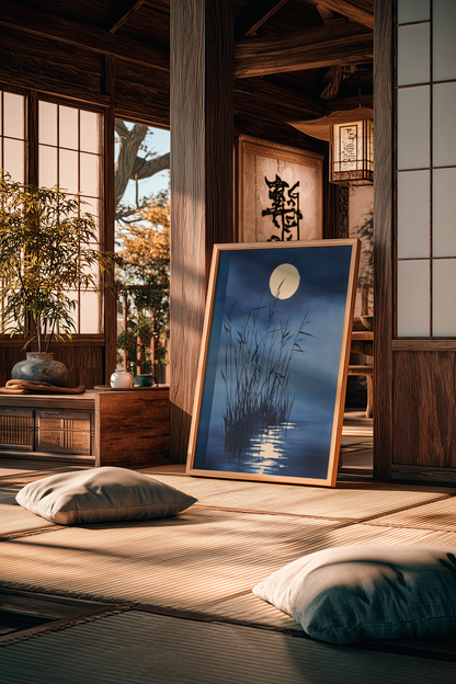 Sumi-e style indigo ink print of moonlit reeds over still water, oak frame on tatami flooring in a traditional Japanese room with shoji screens, Yugen Print