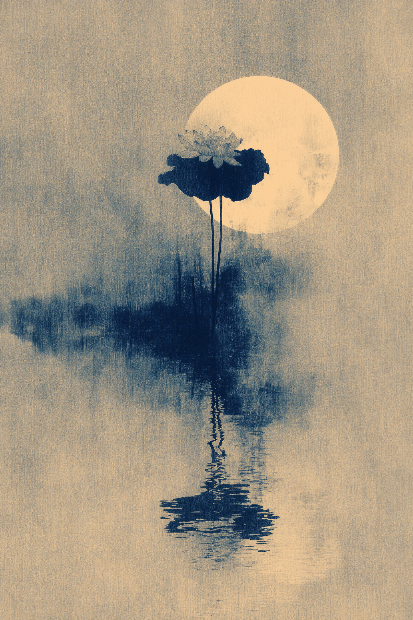 Sumi-e ink-wash print of a lotus cluster and full moon rising through mist over still water, warm ink on cream paper, Yugen Print