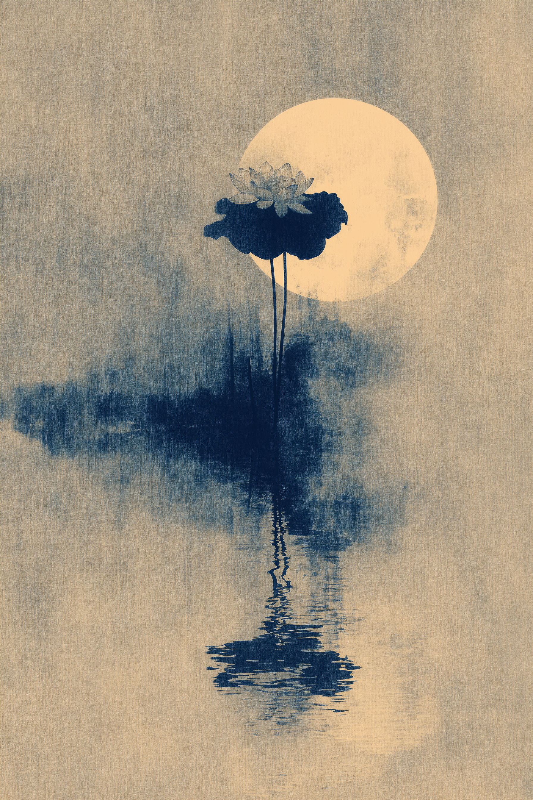Sumi-e ink-wash print of a lotus cluster and full moon rising through mist over still water, warm ink on cream paper, Yugen Print