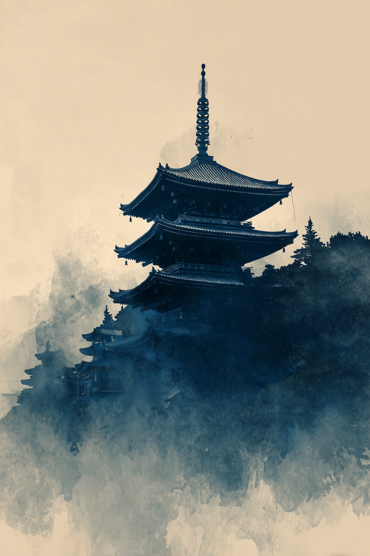 Mountain Temple Pagoda sumi-e ink wash wall art print of a Japanese temple rising above indigo clouds on cream paper, Yugen Print