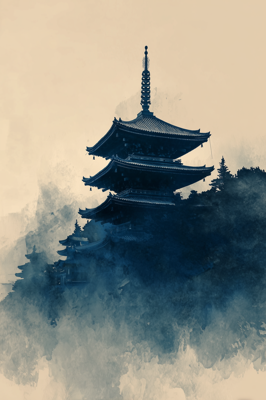 Mountain Temple Pagoda sumi-e ink wash wall art print of a Japanese temple rising above indigo clouds on cream paper, Yugen Print