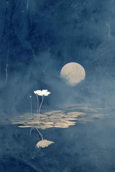 Sumi-e ink-wash print of a single white lotus against an indigo night sky with a small moon and reflection on dark water, Yugen Print