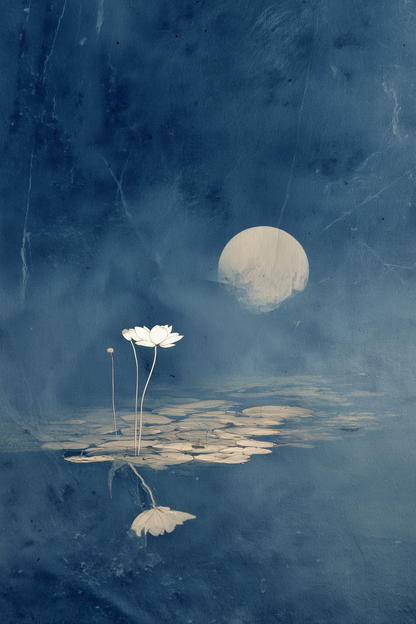 Sumi-e ink-wash print of a single white lotus against an indigo night sky with a small moon and reflection on dark water, Yugen Print