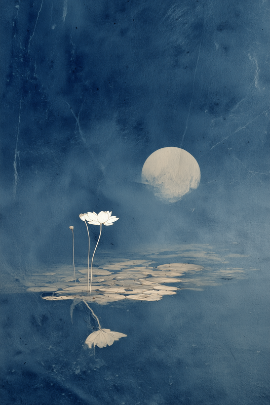 Sumi-e ink-wash print of a single white lotus against an indigo night sky with a small moon and reflection on dark water, Yugen Print
