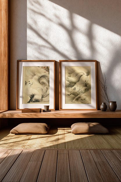 Two sumi-e style ink prints from the Nine-Tailed Fox Series displayed together in a tatami room — a seated fox gazing toward a plum branch and a prowling fox in mist — black ink on cream paper, framed in oak, Yugen Print