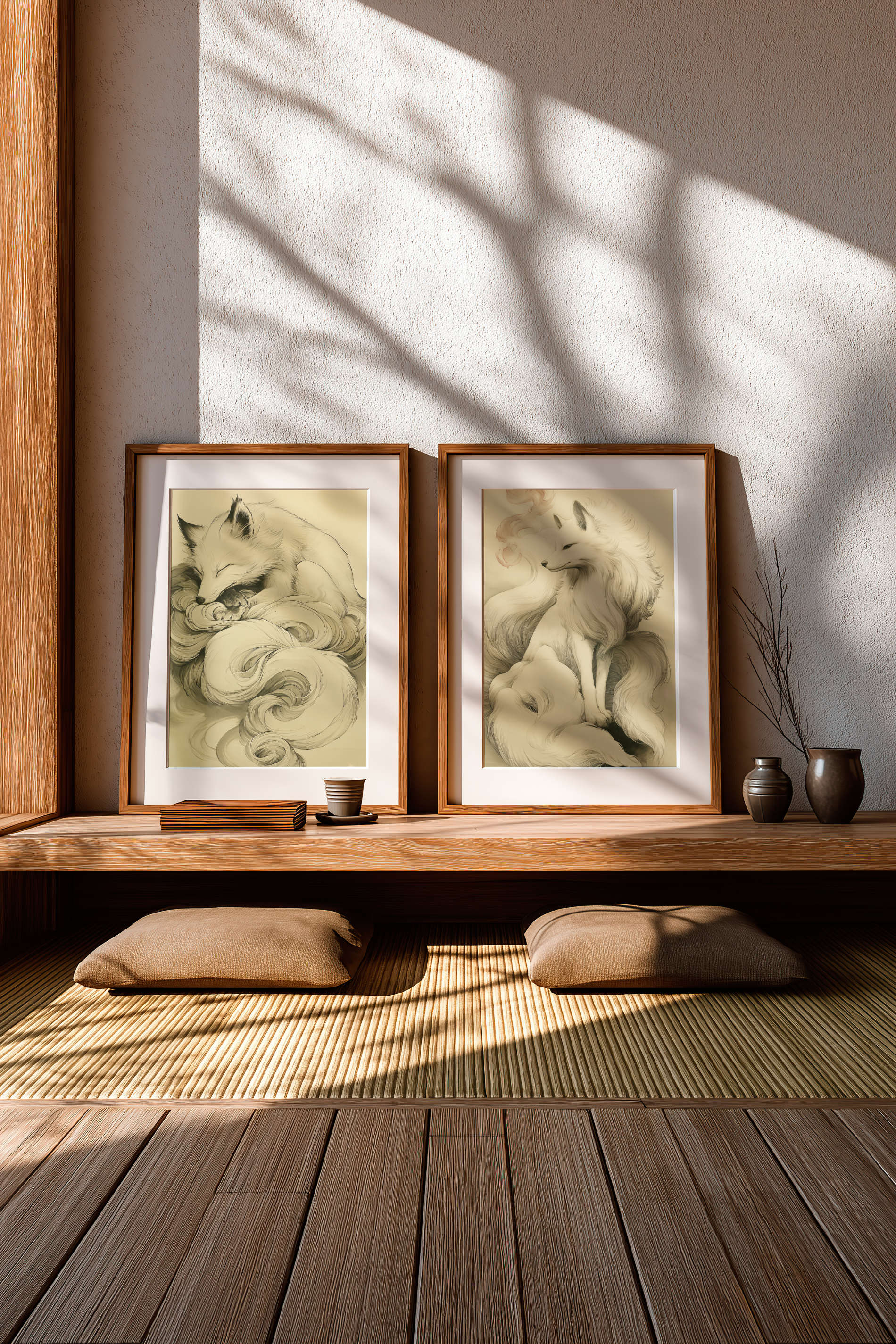 Two sumi-e style ink prints from the Nine-Tailed Fox Series displayed together on a wooden bench in a tatami room — a curled sleeping fox and a seated fox with foxfire — black ink on cream paper, framed in oak, Yugen Print