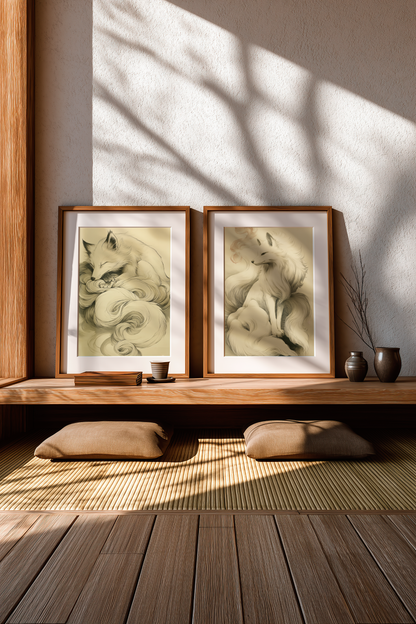 Two sumi-e style ink prints from the Nine-Tailed Fox Series displayed together on a wooden bench in a tatami room — a curled sleeping fox and a seated fox with foxfire — black ink on cream paper, framed in oak, Yugen Print