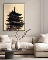 Japanese pagoda sumi-e print displayed above a linen sofa in a Japandi-styled living room