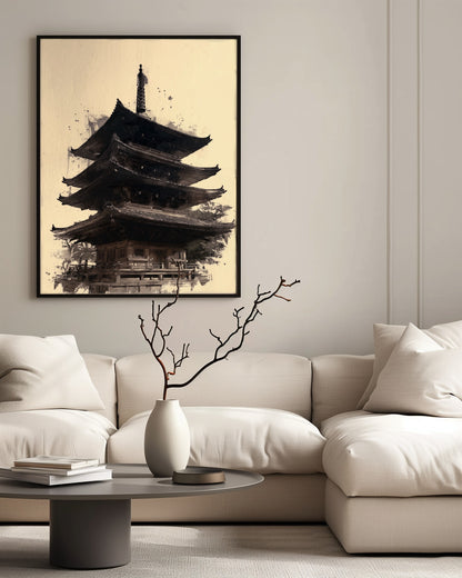 Japanese pagoda sumi-e print displayed above a linen sofa in a Japandi-styled living room