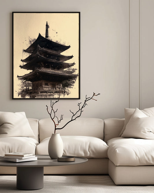 Japanese pagoda sumi-e print displayed above a linen sofa in a Japandi-styled living room