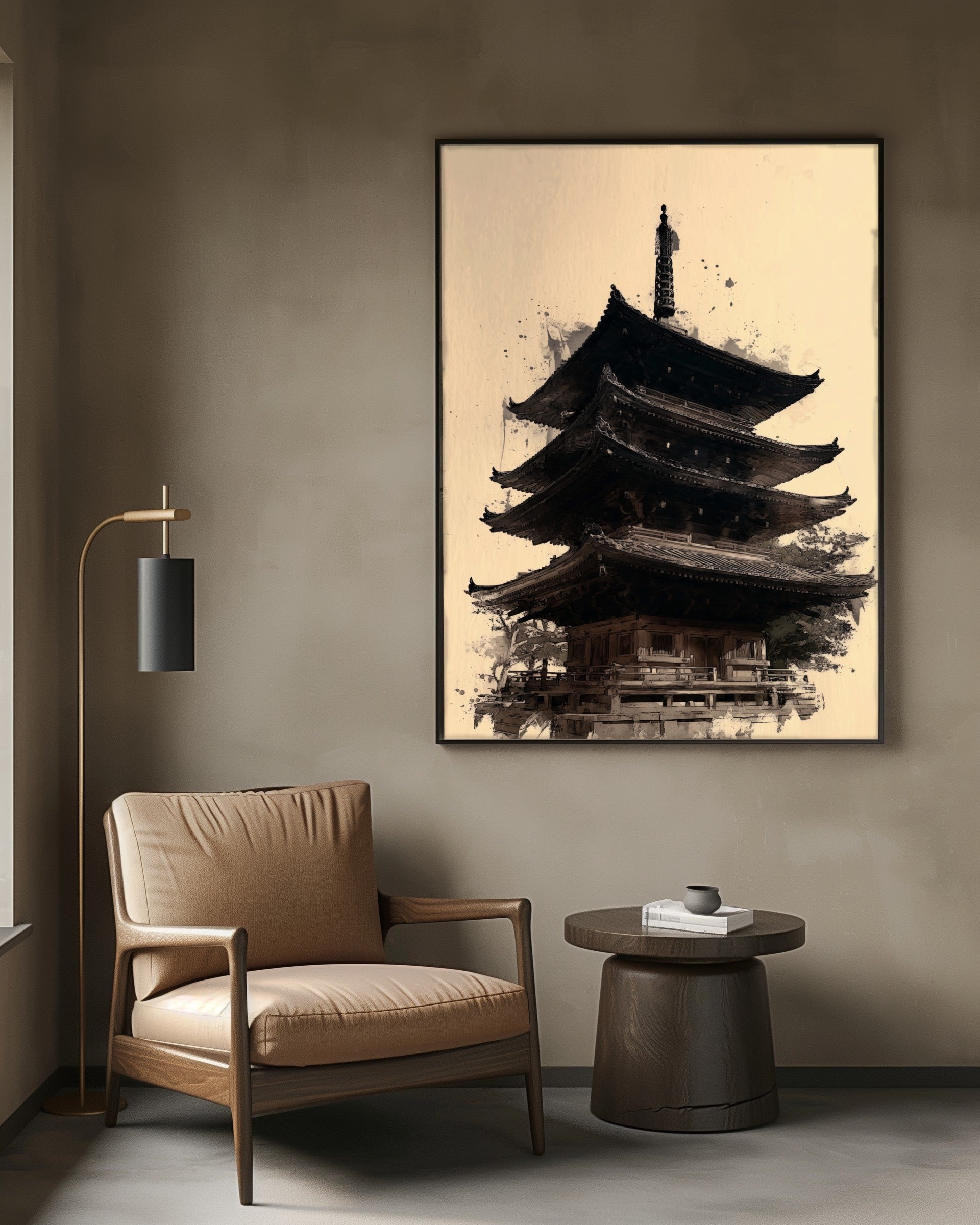 Japanese pagoda sumi-e print hanging in a sophisticated reading nook with leather chair and brass lamp