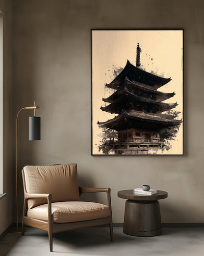 Japanese pagoda sumi-e print hanging in a sophisticated reading nook with leather chair and brass lamp